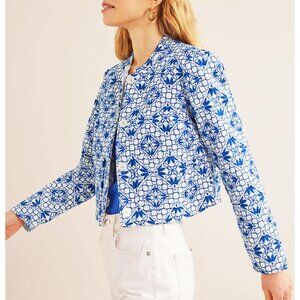 New Boden Nehru Embroidered Cotton Jacket Blue White 8, M $220